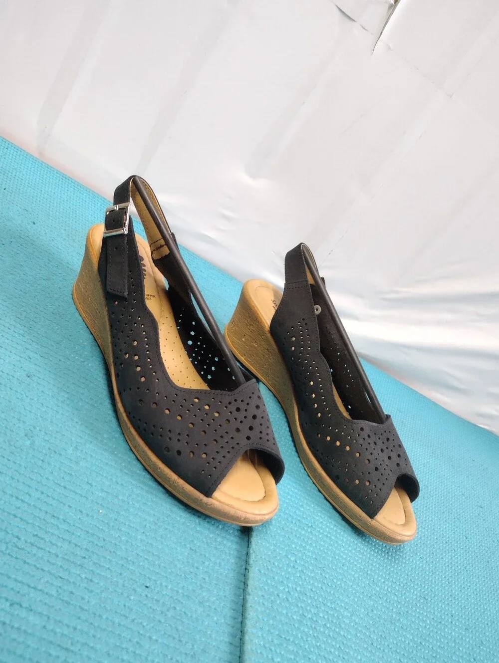 Spring Step Wedge Black Perforated Slingback Sandals Peep Toe - 9